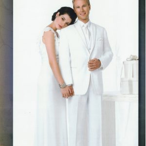 Man wearing white tuxedo with a woman in a white dress